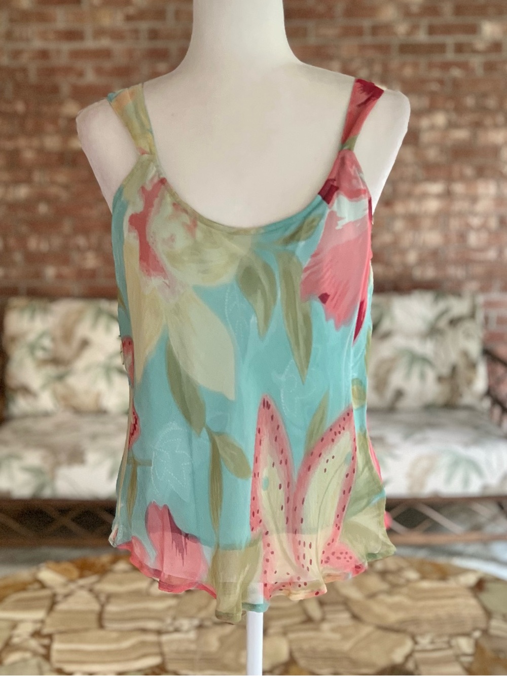 Papillon Tank Top Floral Chiffon Turquoise Coral Lettuce Edge Hem L Fairycore